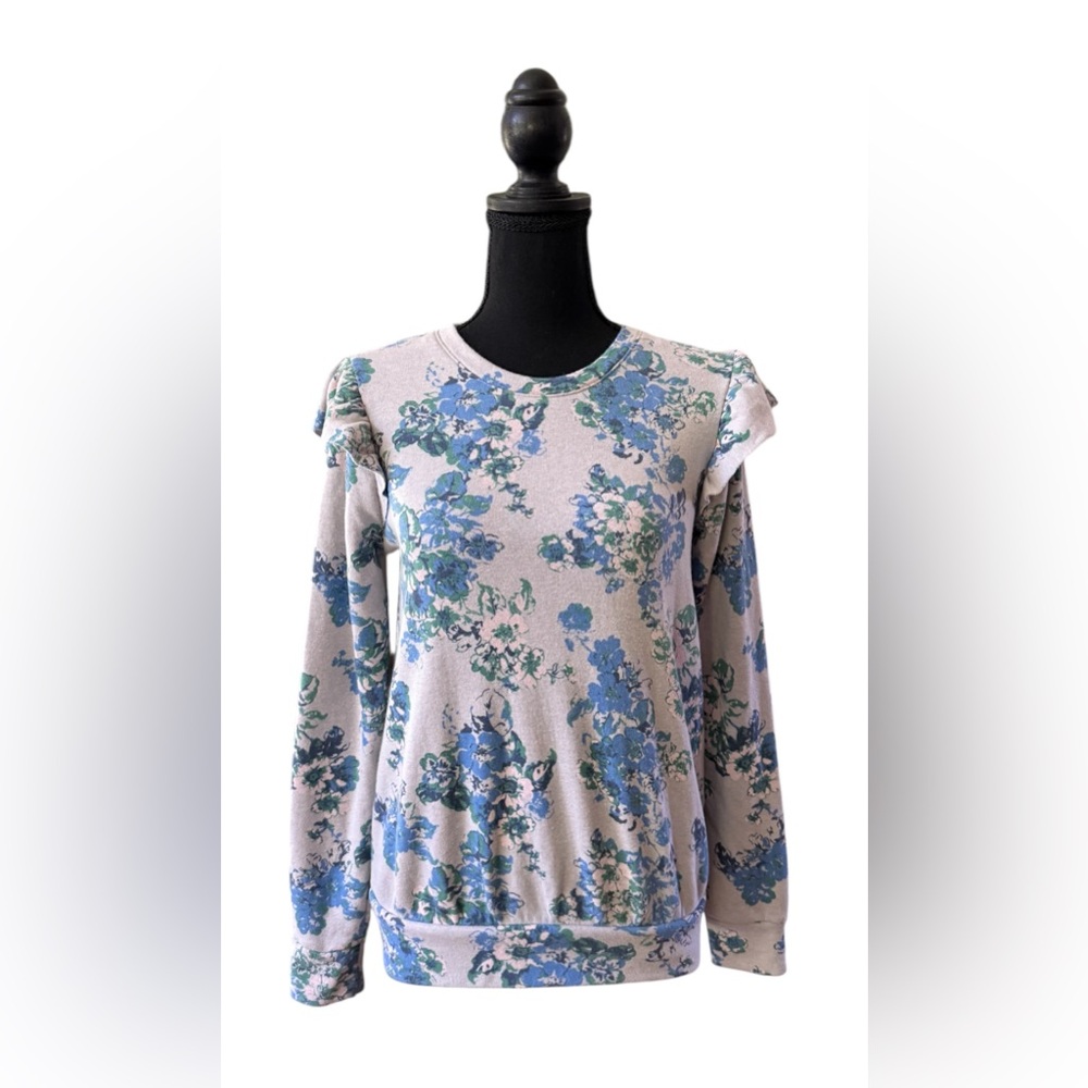 LC Lauren Conrad: Antique Blue Women’s Floral Sweatshirt with Flutter Sleeves